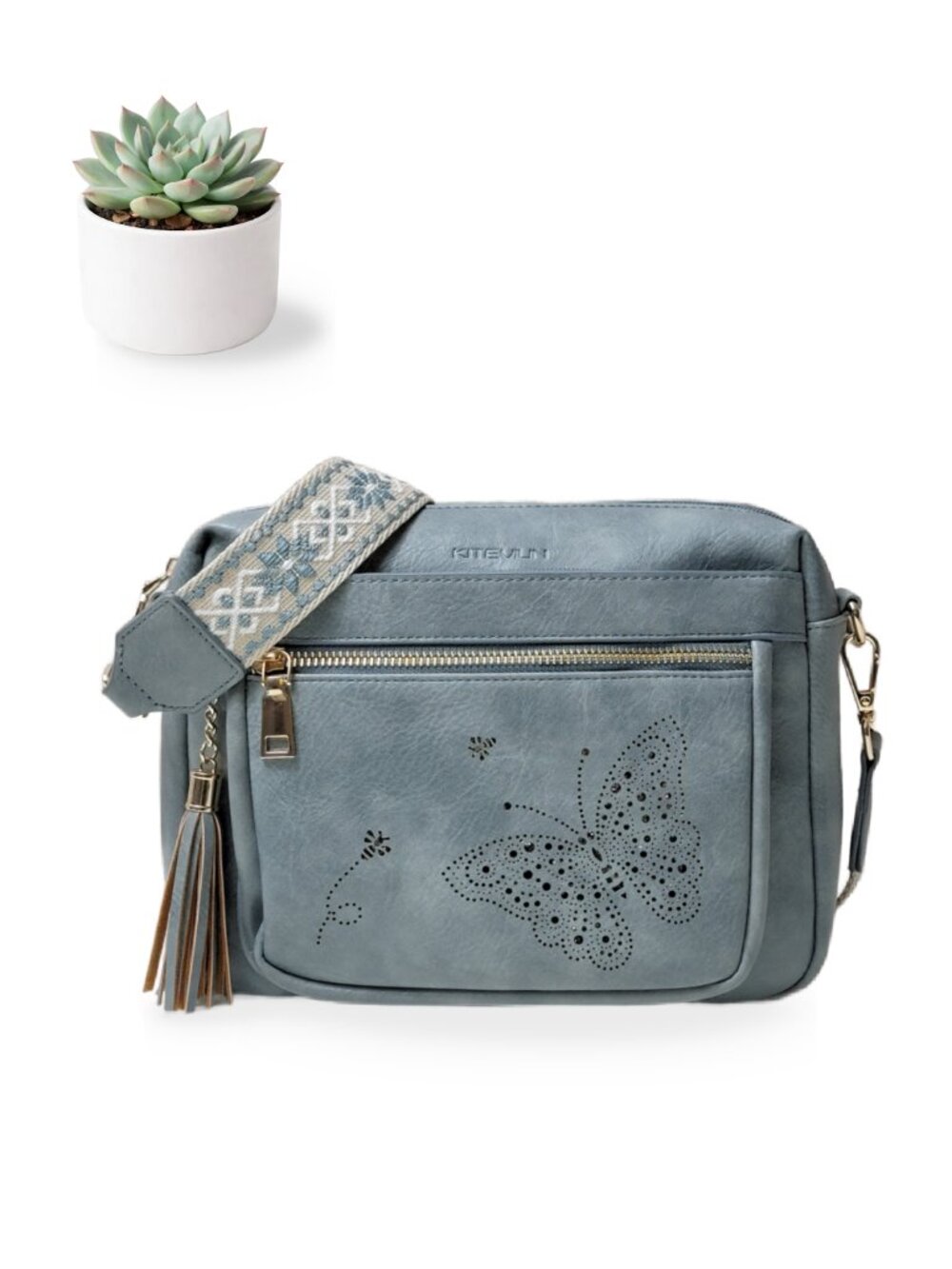 Kiteviun Blue Vegan Leather Butterfly Crossbody Bag Guitar Strap Rhinestone